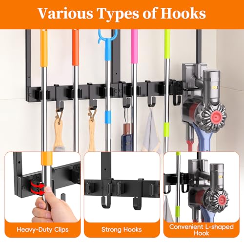 HOOMESUN Broom Holder Wall Mount with Shelf & Guard Rail, Upgraded No-Fall Storage, 120 lbs Heavy Duty Cleaning Organizer, 5 Clamps 4 Hooks, Thick Metal & Wood Rack for Laundry Room Garage