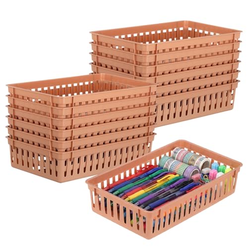 Wenqik Set of 12 Small Plastic Baskets for Organizing 10.24 x 6.5 x 2.36 Inch Pharmacy Baskets Rectangular Trays Plastic Organizer for Office Pharmacy Dorm Kitchens, Closets Shelves(Brown) - color: Brown
