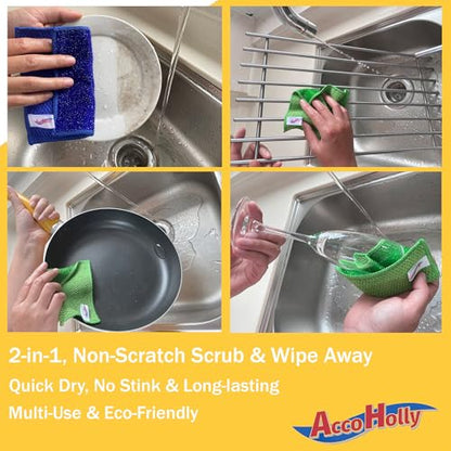 12-Pack Reusable, Scrub Dish Cloth –Non-Scratch Microfiber Scrubber, Planet-Friendly, Easy Rinsing, Quick Dry, Dishwasher Safe Cloth for Kitchen & Household, 5.5 x 5.5 Inch, Blue & Green Assorted