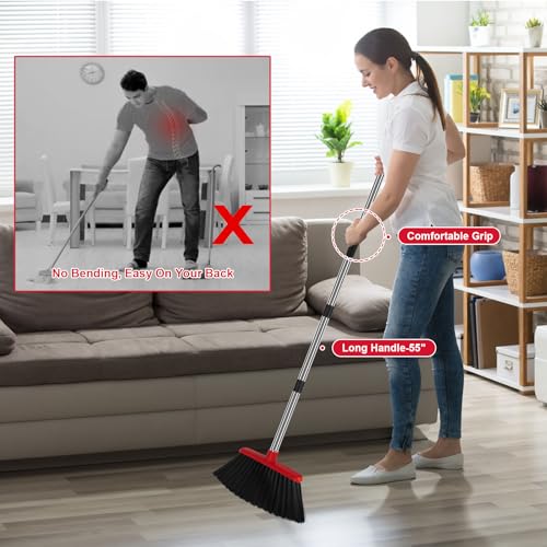 Heavy Duty Angle Broom, 55-Inch Long Handle Extra Wide 12.6 Inch Head, Stainless Steel Tube & PP Bristles for Pet Hair and Dust, Floor Safe - Red - color: Red