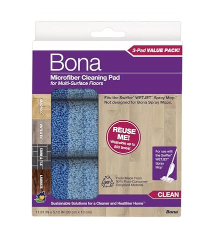 Bona® Microfiber Cleaning Pads for use with Swiffer® WETJET® Spray Mop only, 3 Pack, Washable & Reusable up to 500 Times - style: Microfiber Cleaning Pads for Swiffer