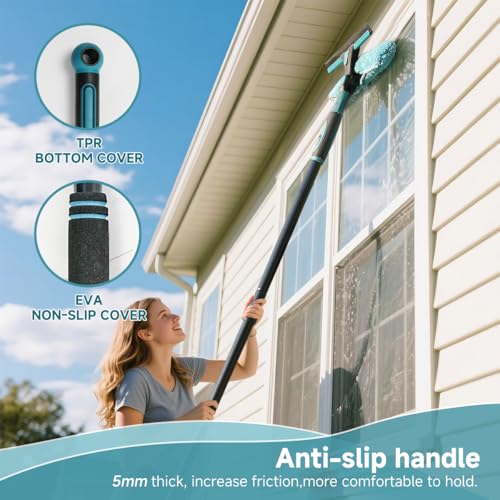 62" Window Squeegee, 2 in 1 Window Cleaning Tool with Telescopic Pole, Rotatable and Bendable Head for High Windows Indoor Outdoor, Includes 2 Blades & 2 Pads (Microfiber+Pads)