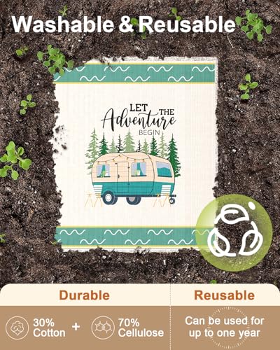 Miss Adola Swedish Dishcloths for Kitchen with Hooks - Reusable Dish Cloths for Washing Dishes Fast Drying Cute Fun 5 Pack Swedish Dish Towels Washable Cleaning Sponge, Green Camping - color: Green Camping