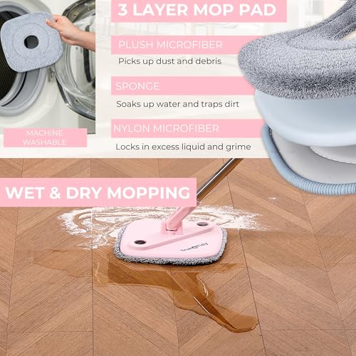 True & Tidy® True Clean Mop and Bucket System, Includes Square Spin, Dual Compartment Mop Bucket and 2 Thick Machine Washable Pads New Upgraded with Side Brush & Self Standing Handle, Rose - size: Spin Mop Rose w/ Side Brush & Self Standing Handle
