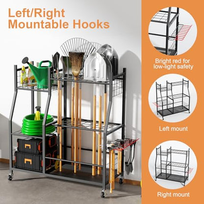 Garden Tool Organizer with Wheels for Garage, Freestanding Garage Tool Organizer, Yard Tool Holder, Garden Tool Cart for Long Handled Tools,Rakes, Brooms, Yard Storage Rack for Shed, Indoor, Outdoor