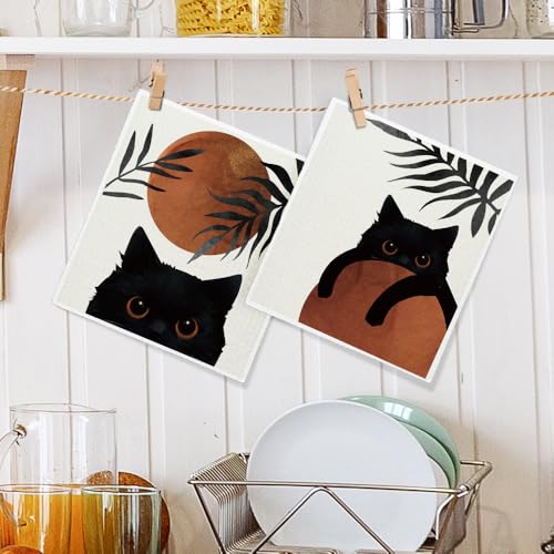 Boho Sun Black Cat Swedish Dishcloths 2 Pack, Reusable Cellulose Sponge Cloths for Kitchen Cleaning, Cute Cat Printed Dish Rags for Kitchen Washing Dishes and Counters