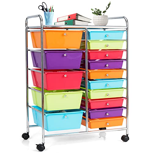 COSTWAY 15 Drawer Rolling Storage Cart, Multipurpose Mobile Storage Organizer w/Removable Drawers & Metal Frame, Utility Tools Paper Organizer on Wheels for Home, Office (Multi-color) - color: Multi-color, size: 15 Drawer