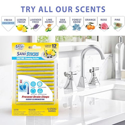 SANI 360° Sani Sticks Drain Cleaner and Deodorizer, 24 Count, Lemon Scent Enzyme Pipe Cleaners, Eliminate Odors, Prevent Clogged Drains, Safe for Sinks, Bathtub Drains, Septic Tanks - size: 24 Count