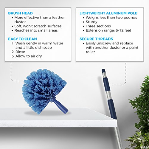 Cobweb Duster Extendable 18 Foot High Reach Ceiling Fan Duster | 3-Stage Aluminum Telescoping Pole | Medium Stiff Bristles | Long Handle Webster Microfiber Duster for Cleaning | U.S Duster Co.