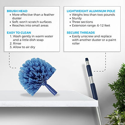 Cobweb Duster Extendable 18 Foot High Reach Ceiling Fan Duster | 3-Stage Aluminum Telescoping Pole | Medium Stiff Bristles | Long Handle Webster Microfiber Duster for Cleaning | U.S Duster Co.