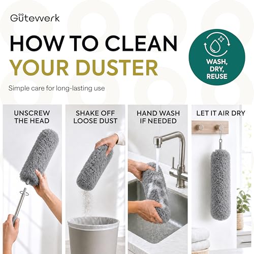 Gütewerk Extendable Microfiber Duster, 100 Inch - Feather Dusters for Cleaning Ceiling Fans, Blinds, Baseboards & High Ceilings - Washable, Electrostatic, 360° Bendable Head, Stainless Steel Pole - color: Gray, size: up to 100 inch