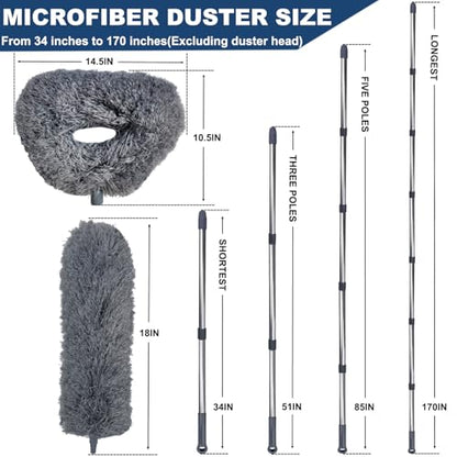 20+ Ft High Reach Ceiling Fan Duster &Microfiber Feather Brush Duster with 3-14 ft Spliceable Pole Microfiber Feather Duster for Spider Web, High Ceiling, Blinds, Furniture Cleaning Tool Kit