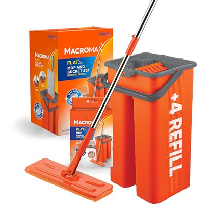 Macromax Flat Mop and Bucket Set with 4 Refills – 100% Microfiber Mop with Dual Wet & Dry Use – Slim Design for Corners & Under Furniture – Easy-Squeeze Bucket for Hardwood, Tile & Laminate Floors - style: Flat Mop set + 4 Refill