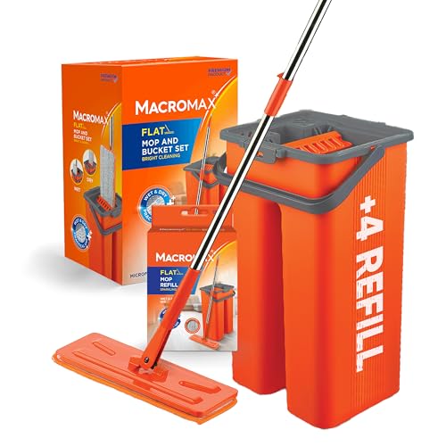 Macromax Flat Mop and Bucket Set with 4 Refills – 100% Microfiber Mop with Dual Wet & Dry Use – Slim Design for Corners & Under Furniture – Easy-Squeeze Bucket for Hardwood, Tile & Laminate Floors - style: Flat Mop set + 4 Refill