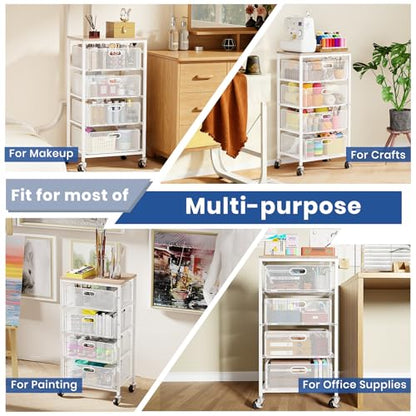 Goovilla Kitchen Cart with Drawers, 4 Tier Metal Rolling Utility Cart Organizer on Lockable Wheels with Wooden Top, White Fruit Vegetable Storage Rack Also for Cans, Snack, Craft, Art, Office, Beauty - size: White