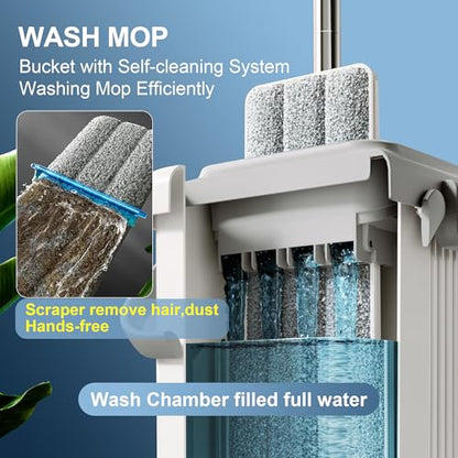 JOYMOOP Flat Mop System, Microfiber Mop and Bucket Set, White, Hands-Free Floor Cleaning Mop for Household & Commercial Use, Wet and Dry Cleaning, Includes 3 Washable Pads - color: White Max551