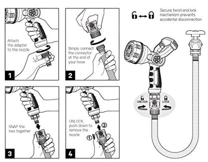 Eden 96806 Heavy-Duty Metal Fireman Hose Nozzle | 7 Spray Patterns, High-Pressure Garden Sprayer with Quick Connect Set & Bonus Washers