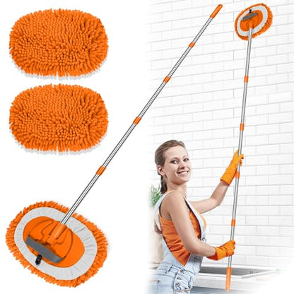 2 in 1 Lightweight Wall Cleaner Mop with Long Handle 75" 190cm Lint-Free Chenille Duster Mop for Kitchen Baseboard Floor Ceiling Glass Window Roof Adjustable Cleaning Brush Tool, 2 Replacement Heads - color: Orange