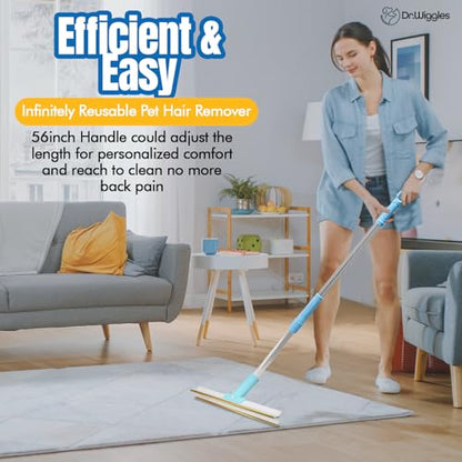 Pet Hair Removal Broom, Handheld Pet Hair Removal Rake & Reusable Lint Roller, Telescopic 56"" Adjustable Handle, Pet Hair Remover for Furniture, Carpet, Rugs, Cars and Bedding