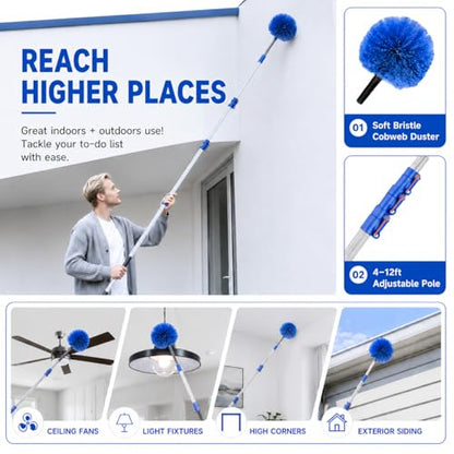 4-12ft Telescoping Durable Duster with Extension Pole – Lightweight Aluminum Cobweb Duster Kit – Extendable to 20ft Reach for Cleaning High Ceilings and Spider Webs