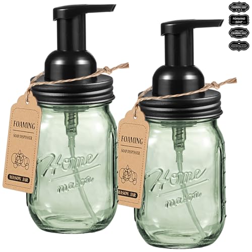 SheeChung 16 Oz Mason Jar Foaming Soap Dispenser, Stainless Steel Lid, BPA Free Pump, Green Glass Foam Hand Soap Dispenser, Refillable Liquid Foam Dispenser Bottle for Bathroom Kitchen-Black, 2 Pack - color: Regular Mouth, Black-2 Pack