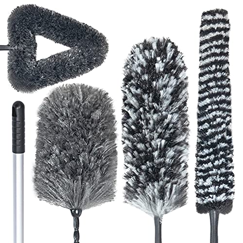 Feather Duster Kit with 5.6ft Extension Pole, 4 Dusting Brush for Cleaning Home Wall Ceiling Fan Cobweb, Microfiber Static Washable Dusters, Black Dark Gray