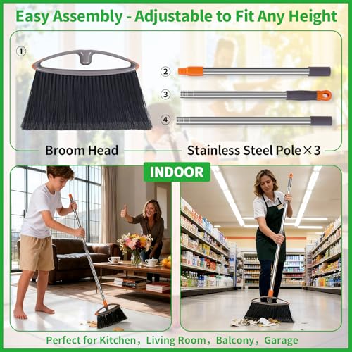 Soft Bristle Broom, Heavy Duty Broom with Collapsible Handle, Ideal for Indoor Outdoor Hardwood Floors Kitchen Salon Camping Cat Pets Hair Home Room Office, Sturdy and Durable, Gray - size: Flagged Bristle