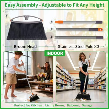 Soft Bristle Broom, Heavy Duty Broom with Collapsible Handle, Ideal for Indoor Outdoor Hardwood Floors Kitchen Salon Camping Cat Pets Hair Home Room Office, Sturdy and Durable, Gray - size: Flagged Bristle