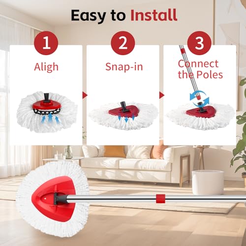 ANREKEYH Spin Mop Head, Base, Handle Replacement for O-Ceda EasyWring Microfiber Spin Mops, 2 Microfiber Mop Refills, 1 Triangle Head Cover and 30-58in Handle Set Combo (White(1 Tank System)) - color: White(1 Tank System)