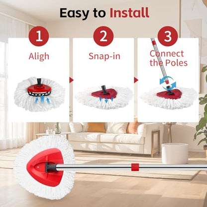 ANREKEYH Spin Mop Head, Base, Handle Replacement for O-Ceda EasyWring Microfiber Spin Mops, 2 Microfiber Mop Refills, 1 Triangle Head Cover and 30-58in Handle Set Combo (White(1 Tank System)) - color: White(1 Tank System)