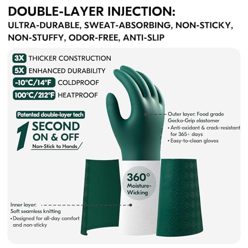 Vgo... Household Cleaning Gloves,Double-layer,Lined Dishwashing Gloves,Long Sleeves for Kitchen,Bathroom Cleaning(TP1117) - color: Dark Green, size: X-Large(Pack of 1)
