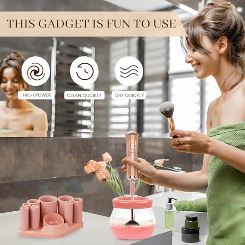 RICRIS Electric Makeup Brush Cleaner and Dryer Machine - Super Fast Clean and Dry Make Up Brushes - Automatic Cosmetic Brush Spinner Washer Tools - color: Gold-Peach