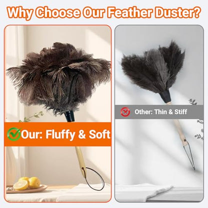 NCEDN Genuine Ostrich Feather Duster 15 inches – Soft Dense Real Feathers, Wooden Handle, Feather Duster for Cleaning Furniture, Blinds & Car Interior - color: Beige + Natural
