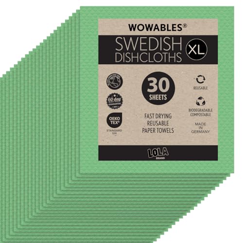 Swedish Dishcloths for Kitchen XL, 30 Sheet Roll, Biodegradable & Compostable, Reusable Paper Towel Cleaning Cloths, 11" x 10", No Odor, Washing Dishes, Ultra Absorbent Cellulose Sponge Towel, By LOLA - color: Mint Green, size: 30 Sheets