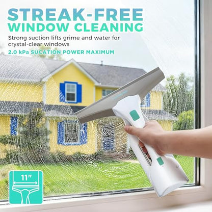 HAUSHOF Electric Window Vacuum Squeegee 11", Vacuum Squeegee Cordless Cleaner Tool Set, Window Vac with 300ml Spray Bottle & 100ml Water Tank for Mirror, Countertop, Showers