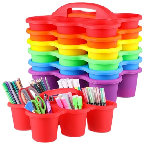 6 Pack Classroom Caddy Organizer with Handle Colorful Plastic Table Caddy Drink Cup Caddies Holder 12×9×3.5 Inches Storage School Supplies 6 Compartments for Table Crayon Pencil Cup Marker Craft - color: Colorful