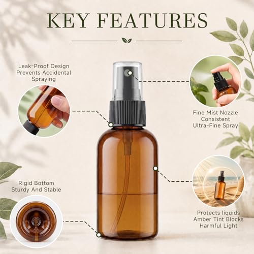 48 Pack Amber Plastic Spray Bottles, 2oz Fine Mist Spray Bottles for Essential Oils, Water Spray Bottle for Hair Plant & Cleaning Solution