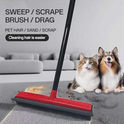 Rubber Broom with Hair Removal Gloves for Carpet Pet Hair Remover,50 inch Long Handled Fur Remover Rake,Portable Detailing Lint Brush,Pet Removal Fluff Carpet, Hardwood Floor and Tile,Red