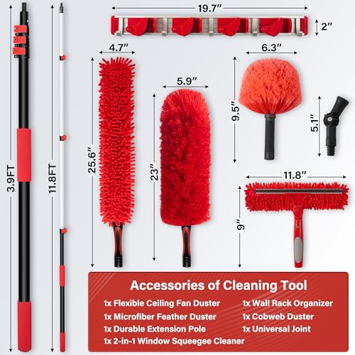 20FT High Reach Ceiling Duster Kit with 5-12ft Extension Pole – Fan & Cobweb Cleaner, Microfiber Feather Duster, 2-in-1 Window Squeegee, 270° Rotating Head, Reusable & Washable, Wall-Mount Rack