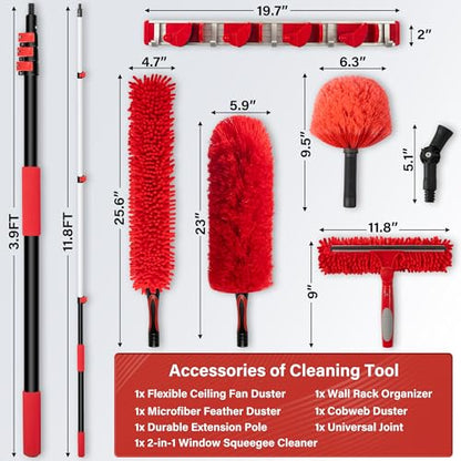 20FT High Reach Ceiling Duster Kit with 5-12ft Extension Pole – Fan & Cobweb Cleaner, Microfiber Feather Duster, 2-in-1 Window Squeegee, 270° Rotating Head, Reusable & Washable, Wall-Mount Rack