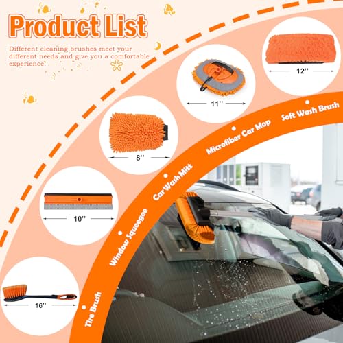 LAANPOLE 20FT Car Wash Brush with Long Handle, Car Cleaning Kit with Soft Bristle Wash Brush, Microfiber Cleaning Mop, Window Squeegee, Mitt, Wheel Brush for RV, Truck, Boat, House Siding - size: 20FT