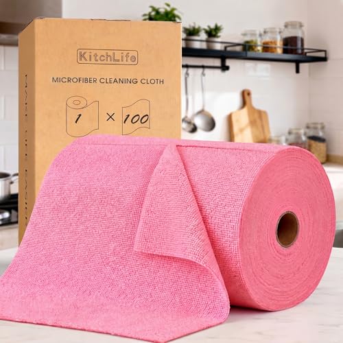 KitchLife Microfiber Cleaning Cloth Roll, 100 Pack - Tear-Away Microfiber Paper Towels, Lint-Free, Reusable, Washable for Kitchen, Car, Dishes, and Sensitive Surfaces (Pink) - color: Pink, size: 100 Pack
