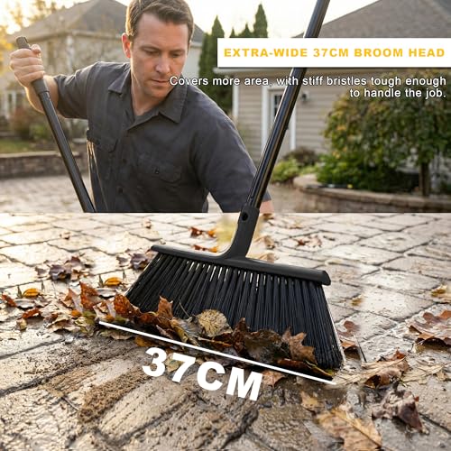 Large Angle Brooms Indoor Outdoor Broom with Long Handle Stiff Bristle Sweeper for Kitchen Garage Deck Courtyard Lobby Patio Lawn Leaves (Black) - color: Black