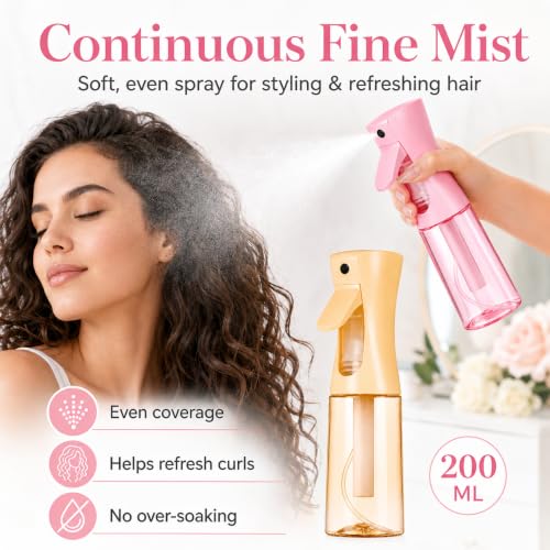 3 Pack Spray Bottles, Continuous Mist Sprayer, Water Spray Bottle for Hair, Hair Mister, 200ml x2 + 30ml Refillable Fine Mist Set - for Styling, Plants, Cleaning & Home Use (Pink & Yellow) - color: Pink+Yellow