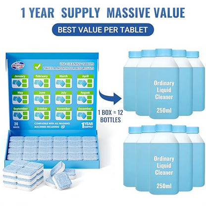 Washing Machine Cleaner Tablets - 24 Pack for Year-Round Deep Clean of Washer Machine, Suitable for HE, Top Load & Front Load Washer Cleaner, Grime & Build-Up, Septic Safe,Eco-Friendly