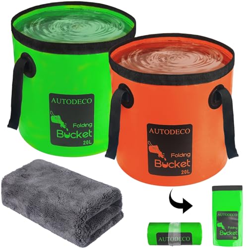 2 Pack Collapsible Bucket 5 Gallon Container Folding Water Bucket Portable Wash Basin for Outdoor Travelling Camping Fishing Gardening Car Washing 20L - color: Orange & Dark Green