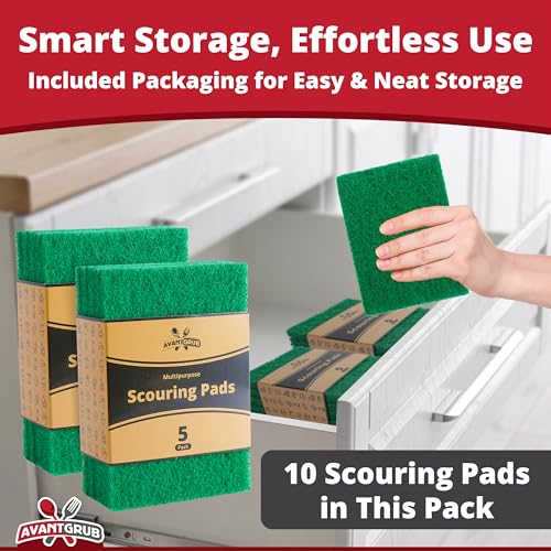 Green Sustainable 10 Pack Cleaning Scour Pads by Avant Grub. Powerful Stain Remover for Cookware. Easily Remove Grease and Residues. Eco-Friendly Solution for Kitchen Cleaning. - size: 10 Pack