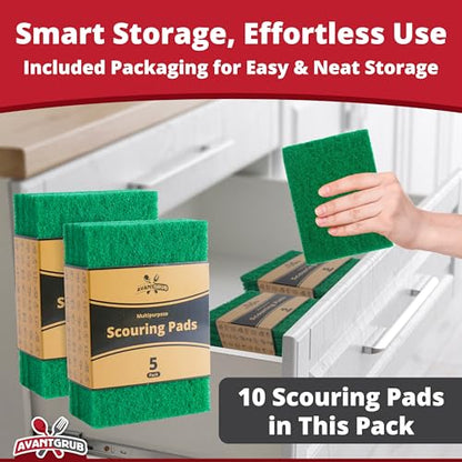 Green Sustainable 10 Pack Cleaning Scour Pads by Avant Grub. Powerful Stain Remover for Cookware. Easily Remove Grease and Residues. Eco-Friendly Solution for Kitchen Cleaning. - size: 10 Pack