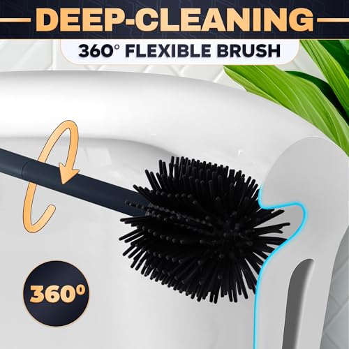 Toilet Brush and Holder Set - Silicone Toilet Bowl Brush with Black Holder Base, Compact Bath Accessory for Small Spaces - Easy to Place and Simple to Store After Use, Plastic Bathroom Cleaning Tool - color: Black