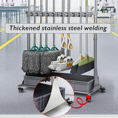 Mop and Broom Rack, Removable Broom Organizer Storage Tool Rack, Can Hold Wet Mops Stainless Steel Can Hold Long Handled Tools/Rakes/Brooms(176x70x49cm) - size: 176x70x49cm